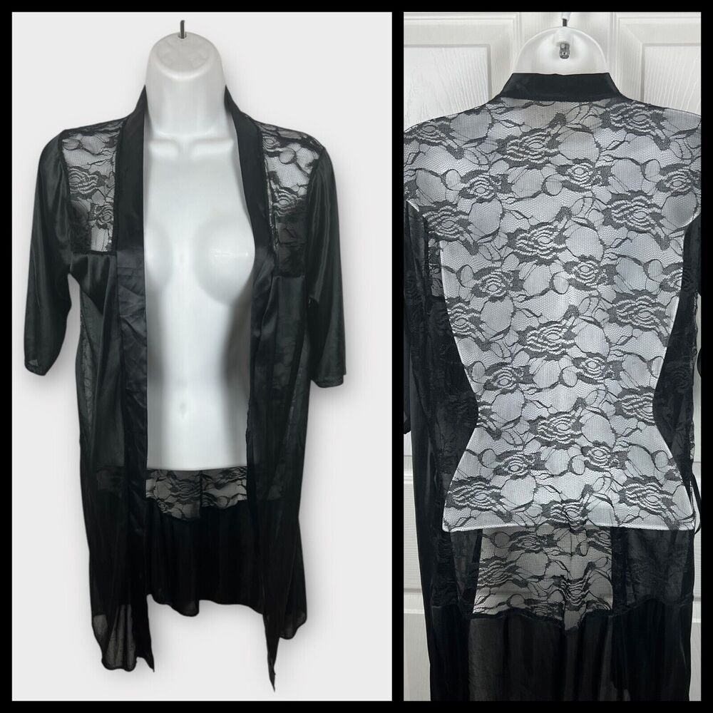 Black Satin and Floral Lace Short Sleeve open front robe kimono topper Small